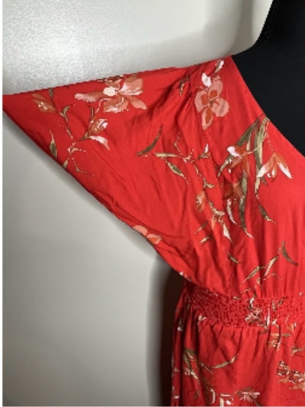 CeCe Red Floral Long-Sleeve Smocked-Waist Dress